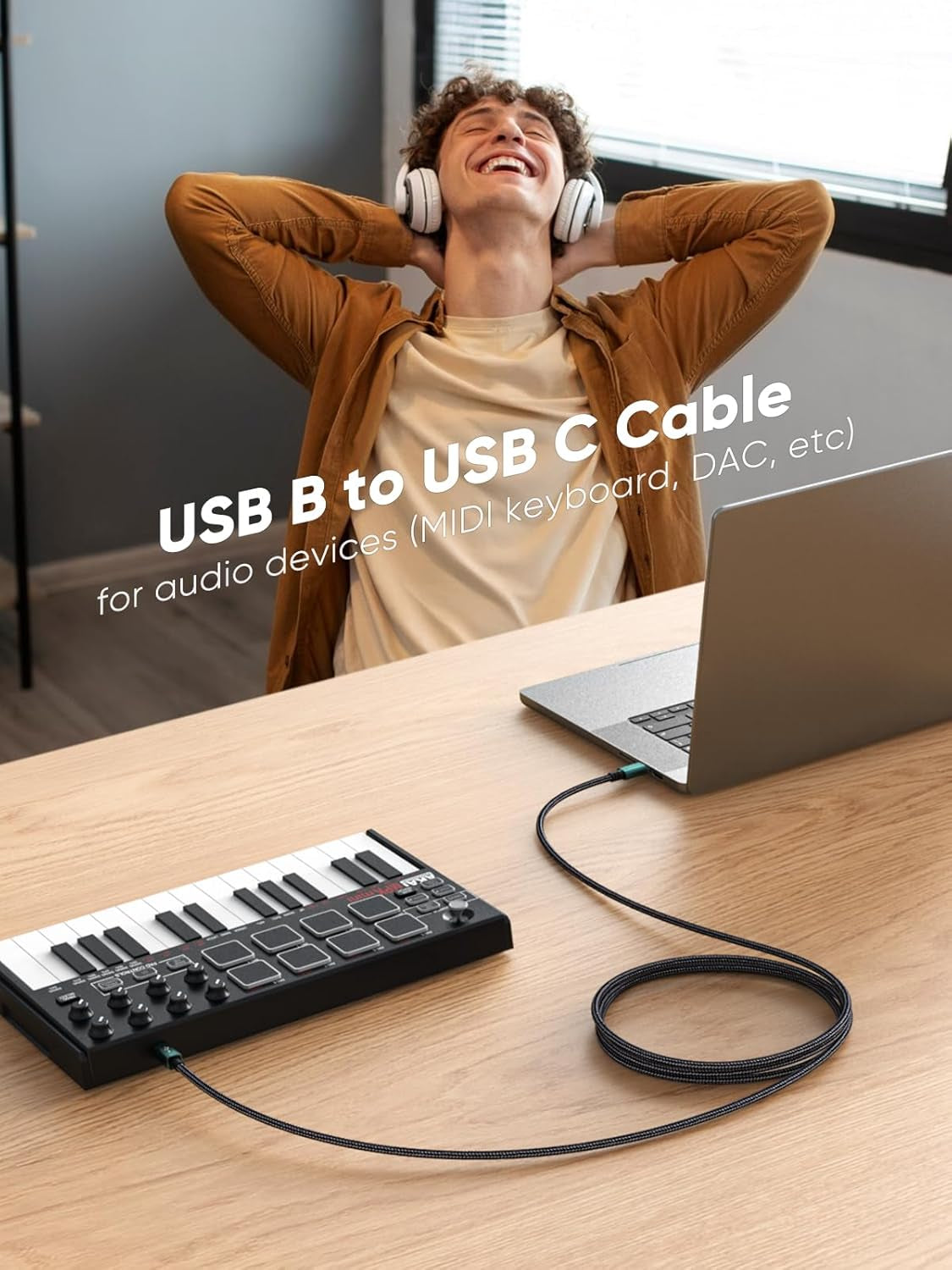 USB B to C 6.6 FT Printer and MIDI Cable, Nylon Braided USB-B to USB-C Cord for MacBook Pro/Air, Compatible with Yamaha Piano, MIDI Keyboard, DJ Controller, and DAC, Green