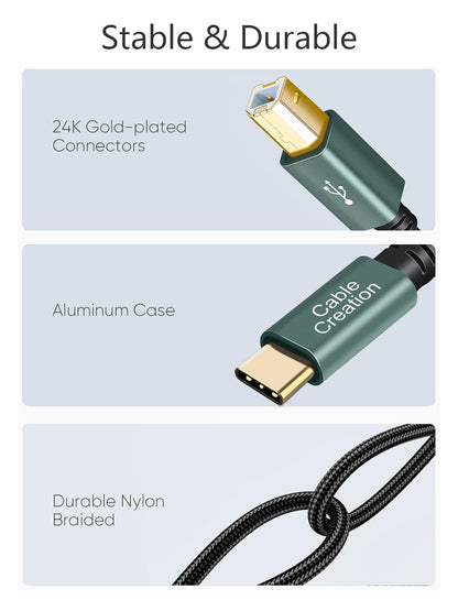 USB B to C 6.6 FT Printer and MIDI Cable, Nylon Braided USB-B to USB-C Cord for MacBook Pro/Air, Compatible with Yamaha Piano, MIDI Keyboard, DJ Controller, and DAC, Green