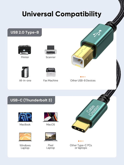 USB B to C 6.6 FT Printer and MIDI Cable, Nylon Braided USB-B to USB-C Cord for MacBook Pro/Air, Compatible with Yamaha Piano, MIDI Keyboard, DJ Controller, and DAC, Green